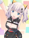  arm_up blue_eyes breasts cleavage cleavage_cutout hair_ornament hairclip kaguya_luna kaguya_luna_(character) large_breasts looking_at_viewer miso_(mimimiso) open_mouth silver_hair solo twintails virtual_youtuber 