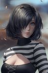  artist_name autumn_leaves black_hair blue_eyes blurry blurry_background breasts chuby_mi cleavage cleavage_cutout cross-laced_clothes eyelashes freckles hair_over_one_eye highres leaf lips looking_at_viewer medium_breasts original realistic shirt short_hair solo striped striped_shirt sunlight turtleneck upper_body wind 
