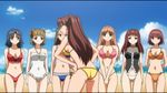  00s 6+girls agent_aika aika_r-16 animated animated_gif ass bare_shoulders beach belly bikini breasts brown_hair butt_crack cleavage hair_ornament hair_ribbon large_breasts long_hair medium_breasts multiple_girls sea shingai_eri swimsuit talking twintails 