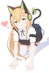  animal_ears arm_support bangs black_ribbon blonde_hair blush bow breasts brown_hair buttons cat_ear_headphones cat_ears cat_tail closed_mouth collared_shirt commentary eyebrows_visible_through_hair frills girls_frontline green_bow green_eyes green_ribbon hair_between_eyes head_tilt headphones highres kneeling long_hair looking_at_viewer pleated_skirt ribbon shirt sidelocks skirt smile solo starfox1015 tail tail_ribbon thigh_strap thighhighs thighs tmp_(girls_frontline) very_long_hair white_legwear white_shirt zettai_ryouiki 