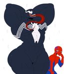  2017 abs big_butt big_muscles black_skin bulge butt chest_pattern clothing fangs grin hands_behind_head hi_res human humanoid male male/male mammal marvel monstrous_humanoid muscular muscular_male not_furry pecs pose simple_background smile sparkles spider-man_(character) spider-man_(series) sssonic2 symbiote teeth thick_thighs tongue tongue_out venom_(spider-man) white_skin wide_hips 