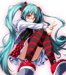  absurdres black_shirt blue_hair blue_nails blush glasses hatsune_miku highres jacket long_hair nail_polish natural_(module) open_clothes open_jacket project_diva_(series) red_eyes shirt smile solo striped striped_legwear thighhighs tsukishiro_saika twintails v vocaloid 