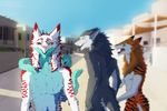  2017 anthro black_stripes blue_eyes blue_fur blurred_background english_text fur gloves_(marking) green_eyes grey_fur grey_hair group hair hand_holding heterochromia living_tail looking_back markings meme multicolored_fur neck_tuft orange_fur public red_fur sergal shocked sidgi silver_eyes smile snout standing stripes text tuft two_tone_fur white_fur yellow_eyes 