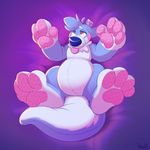  2017 4_fingers 4_toes animate_inanimate anthro blue_nose canine digital_drawing_(artwork) digital_media_(artwork) feet hindpaw living_plush luniquekero male mammal nude pawpads paws pink_pawpads plushie purple_background simple_background solo toes tongue tongue_out wolf 
