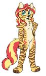  2018 alpha_channel alternate_species anthro blue_eyes breasts cat cheek_tuft chest_tuft cutie_mark elbow_tufts equestria_girls featureless_breasts featureless_crotch feline female fingerless_(marking) fur fuzzywhatzit hair hand_on_hip looking_at_viewer mammal multicolored_hair my_little_pony open_mouth open_smile simple_background small_breasts smile solo striped_fur stripes sunset_shimmer_(eg) toeless_(marking) transparent_background tuft 