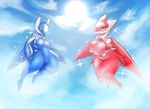  anthro blue_skin breasts cloud crossgender duo featureless_breasts female flying kyodashiro latias latios legendary_pok&eacute;mon nintendo nude pok&eacute;mon pok&eacute;mon_(species) red_eyes red_skin smile sparkles sun video_games yellow_eyes 