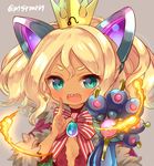  :d animal_ears bangs blonde_hair blue_eyes bow brown_background capelet crown dark_skin denebola_(p&amp;d) fake_animal_ears fingernails fire fur-trimmed_capelet fur_trim hair_between_eyes index_finger_raised long_hair looking_at_viewer marshmallow_mille mini_crown open_mouth purple_capelet puzzle_&amp;_dragons red_bow sharp_teeth simple_background smile solo striped striped_bow teeth thick_eyebrows twitter_username 