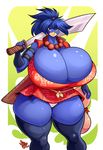  2017 anthro avian beak big_breasts bird breasts busty_bird cleavage clothed clothing corvid crow female holding_object holding_weapon huge_breasts hyper hyper_breasts jaeh melee_weapon non-mammal_breasts scar solo sword thick_thighs weapon 