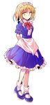  alphes_(style) apron arms_behind_back bangs blonde_hair blue_dress blue_footwear bobby_socks bow bowtie dairi dress eyebrows eyebrows_visible_through_hair frilled_dress frilled_sleeves frills frown full_body hair_between_eyes highres looking_away looking_to_the_side maid maid_apron maid_headdress mary_janes mugetsu parody puffy_short_sleeves puffy_sleeves red_bow red_neckwear shoes short_hair short_sleeves socks solo standing style_parody touhou touhou_(pc-98) transparent_background waist_apron white_apron white_legwear yellow_eyes 