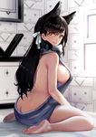  absurdres alternate_costume animal_ears ass atago_(azur_lane) azur_lane back backless_outfit bare_arms bare_back bare_legs bare_shoulders barefoot bed bed_sheet black_hair blurry blurry_background blush breasts brown_eyes butt_crack closed_mouth depth_of_field dress extra_ears feet from_behind hair_ribbon highres indoors large_breasts lips long_hair looking_at_viewer looking_back meme_attire mole mole_under_eye niconico no_bra on_bed plantar_flexion ribbed_sweater ribbon shiny shiny_hair sideboob sitting sleeveless sleeveless_turtleneck smile soles solo soranaka_ame straight_hair sweater sweater_vest tareme terebi-chan toes turtleneck very_long_hair virgin_killer_sweater wariza white_dress white_ribbon 