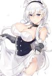  apron apron_lift azur_lane bangs belfast_(azur_lane) blue_eyes blush braid breasts buttons chain cleavage collar collarbone commentary_request corset french_braid frilled_apron frills garter_straps gauntlets gloves highres hips kyouki large_breasts long_hair maid maid_headdress parted_lips petals silver_hair simple_background skirt solo swept_bangs thighhighs thighs white_background white_gloves white_legwear white_skirt 