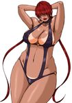 breasts dark_skin king_of_fighters large_breasts lips lipstick makeup papepox2 red_hair shermie simple_background snk tan tanline 