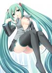  aqua_eyes aqua_hair boots breasts detached_sleeves hatsune_miku hazuki_(etcxetc) long_hair medium_breasts open_clothes open_shirt panties shirt solo striped striped_panties thigh_boots thighhighs underwear upskirt vocaloid 