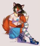  5_fingers anthro breasts canine clothed clothing female footwear fox fur green_eyes green_hair hair lukiri mammal open_mouth orange_fur shoes simple_background sitting smile solo teeth tongue white_background 