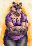  anthro breasts brown_eyes cleavage clothed clothing crossed_arms eyewear female glasses grey_skin hippopotamus mammal smile solo tasanko traditional_media_(artwork) 