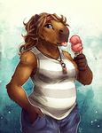  5_fingers anthro blue_eyes breasts brown_hair capybara dessert female food hair ice_cream mammal rodent solo tasanko tongue 