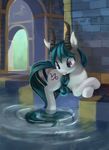  2018 bakuel brick brick_wall capricorn crossed_hooves cute cutie_mark digital_media_(artwork) digital_painting_(artwork) equine fan_character full-length_portrait horn horse hybrid inside male mammal my_little_pony pony pool_(disambiguation) portrait purple_eyes reflection ripples shadow solo teal_hair text tile tongue tongue_out water 