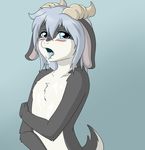  anthro blue_eyes blue_hair blush caprine commisions cum cum_in_mouth cum_inside cum_on_body cum_on_chest fur goat grey_fur hair horn intersex kara_(trippledot) mammal minila nude open_mouth white_fur 