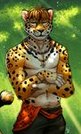  5_fingers anthro brown_hair feline fur hair jaguar male mammal navel orange_fur smile solo spots spotted_fur tasanko whiskers 