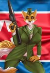  big_breasts breasts camel_toe canine clothed clothing female fox fur gun llmixll lt._fox_vixen mammal multicolored_fur orange_fur ranged_weapon solo squirrel_and_hedgehog weapon white_fur 