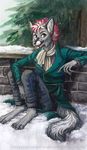  anthro black_nose blue_eyes brick_wall canine cheek_tuft claws clothed clothing coat digitigrade ear_piercing facial_piercing female fox hair inner_ear_fluff lip_piercing mammal multicolored_hair open_mouth outside piercing scarf silverbloodwolf98 sitting snow solo toe_claws tree tuft 