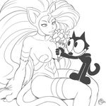  2018 anthro black_tail blush bouquet breasts cat cheek_tuft claws crossover cute cute_fangs darkstalkers felicia_(darkstalkers) feline felix_the_cat felix_the_cat_(series) female flower full-length_portrait greyscale hair hand_behind_back humanoid_hands long_hair male mammal megasweet monochrome nude old_toon on_lap plant portrait simple_background sitting smile standing tuft video_games white_background 