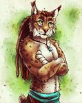  5_fingers anthro brown_fur brown_hair clothed clothing crossed_arms feline fur hair lynx male mammal solo spots spotted_fur tasanko tasdraws topless 