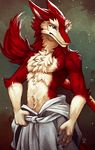  4_fingers anthro blue_eyes cassius_(oldmancassius) chest_tuft clothed clothing fur male multicolored_fur red_fur sergal solo tasanko topless tuft white_fur 