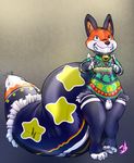  2017 animate_inanimate anthro bell big_tail black_nose bulge canine christmas christmas_tree clothed clothing digital_drawing_(artwork) digital_media_(artwork) fox gradient_background hi_res holidays inflatable living_inflatable long_tail male mammal markings nozzle rubber shiny simple_background smile solo standing star stormdragonblue sweater teeth tree 