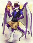  5_fingers anthro barefoot black_nose brown_hair canine clothed clothing digitigrade dragon fur hair hybrid looking_at_viewer male mammal membranous_wings orange_eyes purple_fur smile solo tasanko wings 