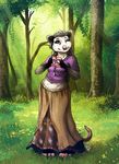  anthro clothed clothing detailed_background female forest fur grass grey_hair hair looking_at_viewer mammal marsupial one_eye_closed opossum smile solo tasanko tree white_fur 