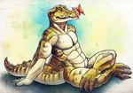  anthro arthropod butterfly crocodile crocodilian duo featureless_crotch feral insect nude reptile scalie simple_background sitting tasanko traditional_media_(artwork) watercolor_(artwork) 