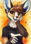  anthro blue_fur blue_tongue brown_eyes brown_hair canine clothed clothing female fennec fox fur hair mammal open_mouth smile solo tan_fur tasanko teeth traditional_media_(artwork) watercolor_(artwork) white_fur 