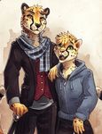  5_fingers anthro black_nose cheetah clothed clothing duo feline fur green_eyes invalid_color male mammal open_mouth orange_eyes pink_nose smile tan_fur tasanko teeth tongue 