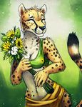  anthro black_nose cheetah eyes_closed feline female flower fur mammal plant simple_background smile solo spots spotted_fur tan_fur tasanko 