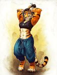  4_toes anthro breasts clothed clothing digitigrade feline female fur hands_behind_head mammal muscular muscular_female orange_fur simple_background smile solo striped_fur stripes tasanko tiger toes 