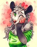  5_fingers anthro clothed clothing female green_eyes grey_hair hair looking_at_viewer mammal marsupial one_eye_closed opossum pink_nose smile solo tasanko traditional_media_(artwork) watercolor_(artwork) 