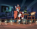  2018 absurd_res anthro bat bat_wings beverage blue_eyes breasts cleavage clothed clothing detailed_background eyewear female footwear freedom_planet freedom_planet_2 fruit_bat fur goshaag hi_res high_heels looking_at_viewer mammal maria_notte membranous_wings night open_mouth orange_fur outside shoes sitting smile solo sunglasses teeth video_games wings 