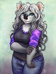  anthro breasts clothed clothing female fur grey_fur grey_hair hair koala looking_at_viewer mammal marsupial simple_background solo standing tasanko 