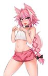  2018 5_fingers animal_humanoid astolfo_(fate) blush bulge canine canine_humanoid choker clothed clothing crop_top cute_fangs digital_media_(artwork) fate_(series) fingers front_view fur girly hair hevn_(artist) human humanoid long_hair looking_at_viewer male mammal midriff navel open_mouth pink_eyes pink_fur pink_hair portrait shirt shorts simple_background smile solo standing three-quarter_portrait white_background wide_hips wolf wolf_humanoid 