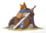  2018 anthro armor battle_bunnies bebo big_breasts breasts brown_eyes cleavage cloak clothed clothing conditional_dnp female fur hair jollyjack melee_weapon overweight red_hair shield simple_background solo sword tan_fur weapon whetstone white_background 