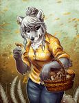  5_fingers anthro black_nose brown_eyes canine clothed clothing female fur grey_fur hair mammal smile tasanko white_hair 