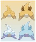  2_toes alolan_sandshrew alolan_sandslash ambiguous_gender blue_skin butt claws invalid_tag nintendo pichu90 pok&eacute;mon pok&eacute;mon_(species) presenting presenting_hindquarters raised_tail regional_variant sandshrew sandslash simple_background spikes toes video_games yellow_skin 