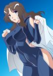  alternate_costume arm_cutout bangs blue_background bodysuit breasts brown_hair covered_navel covered_nipples gradient gradient_background grey_eyes headgear impossible_clothes kuroda_akimi labcoat large_breasts leg_cutout lips long_hair looking_at_viewer mature parted_bangs parted_lips pilot_suit side_cutout skin_tight solo soukyuu_no_fafner synergetic_suit toomi_chizuru undressing 