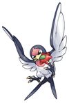  commentary_request flying full_body gen_3_pokemon mouth_hold no_humans pearl7 pokemon pokemon_(creature) simple_background solo spread_wings taillow white_background 