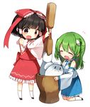  :d :o ^_^ ^o^ bangs black_hair blue_skirt blunt_bangs bow brown_hair chibi closed_eyes d: detached_sleeves food frog_hair_ornament green_hair hair_bow hair_ornament hair_tubes hakurei_reimu holding kneeling kochiya_sanae miniskirt mochi mochi_(touhou) mochitsuki mortar multiple_girls open_mouth red_bow red_eyes red_skirt revision ribbon-trimmed_sleeves ribbon_trim sarashi shaded_face shinoba simple_background skirt skirt_set smile snake_hair_ornament socks tears touhou vest wagashi white_background white_legwear wide_sleeves 