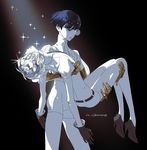  androgynous antarcticite bangs blue_eyes blue_hair blunt_bangs carrying closed_eyes gem_uniform_(houseki_no_kuni) gloves glowing glowing_eye golden_arms heterochromia high_heels highres houseki_no_kuni multiple_others mumyeong_teulol phosphophyllite phosphophyllite_(ll) princess_carry short_hair sparkle spoilers white_eyes white_hair 