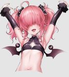  armpits arms_up black_scrunchie breasts candy_hair_ornament cleavage_cutout demon_wings facing_viewer fangs food_themed_hair_ornament grey_background hair_ornament hair_over_eyes hair_scrunchie hizuki_akira navel open_mouth original outstretched_arms pink_hair pointy_ears polka_dot polka_dot_scrunchie scrunchie simple_background small_breasts smile solo tongue turtleneck twintails upper_body wings 