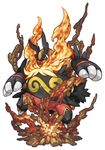  debris dirt emboar explosion fangs fire full_body gen_5_pokemon jumping no_humans pearl7 pokemon pokemon_(creature) red_eyes rock simple_background solo volcano white_background 