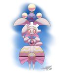  1girl :3 arm_up artist_name blue_background dated female full_body gradient gradient_background happy highres jumpluff laranthrod looking_at_viewer looking_up magearna no_humans open_mouth pink_eyes pokemon pokemon_(creature) pokemon_gsc pokemon_xy red_eyes red_sclera robot simple_background smile standing text white_background 